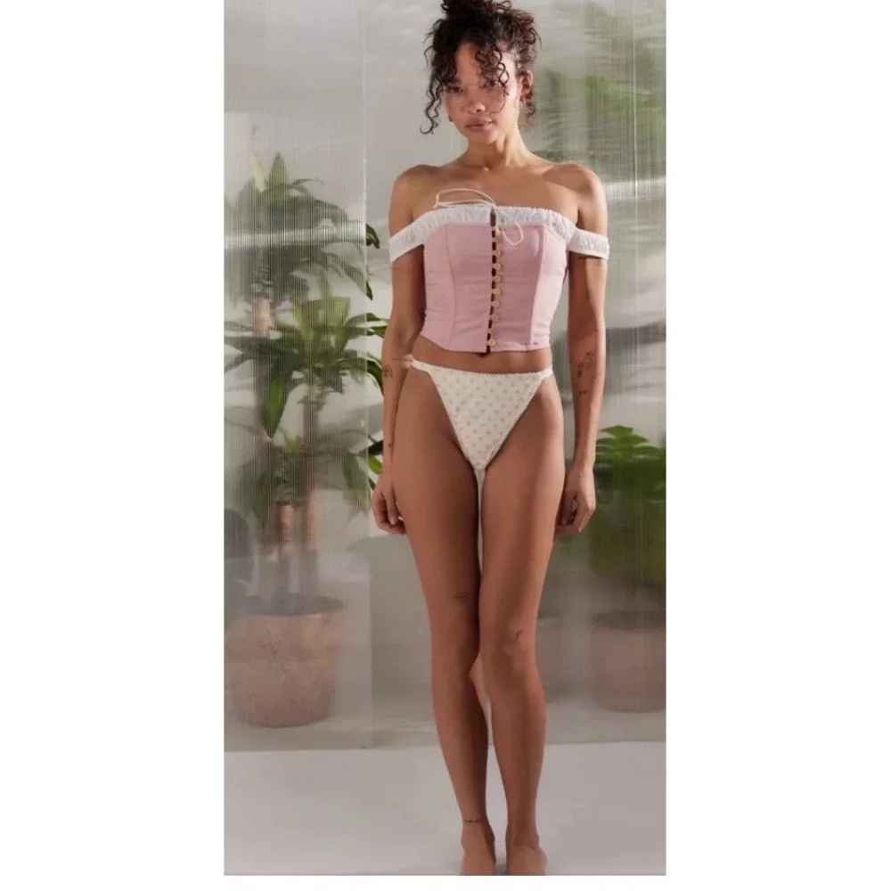 Dippin' Daisy's Jane Bikini Bottom Pink Polka Dot Lace Trim High Cut‎ M NEW UO